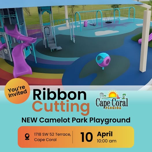 Flyer for Camelot Park Playground Ribbon Cutting on April 10th at 10am